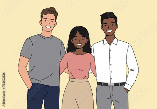 Diverse group of friends smiling together urban setting digital bright colors casual viewpoint