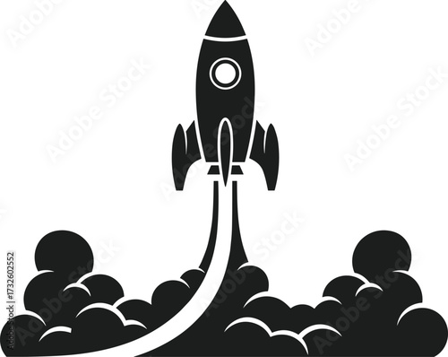 Rocket Launch Silhouette with Flames and Smoke – Space Exploration Vector, Innovation Symbol, Black and White Futuristic Illustration, Liftoff Concept