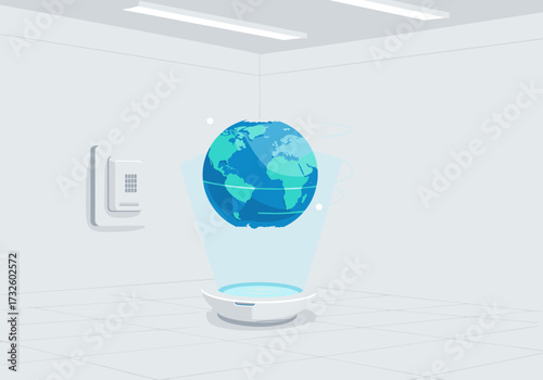 Holographic earth model display modern office space digital visualization minimalist environment high-tech viewpoint