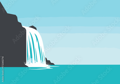 Majestic waterfall cascading into serene ocean coastal landscape digital tranquil environment aerial view natural beauty