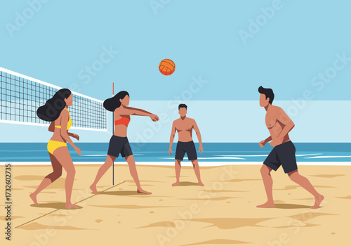 Beach volleyball game sunny beach digital outdoor sports eye-level view fun and competition