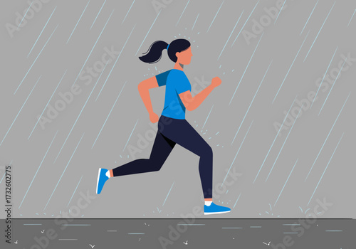 Running in the rain a dynamic female runner in urban setting animated gloomy weather side view active lifestyle