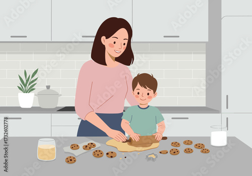 Baking cookies with kids home kitchen family activity cozy environment eye level view fun and learning