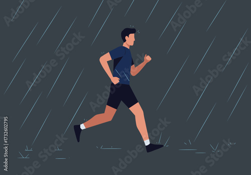 Runner overcoming rainy weather urban environment dynamic perspective resilience concept