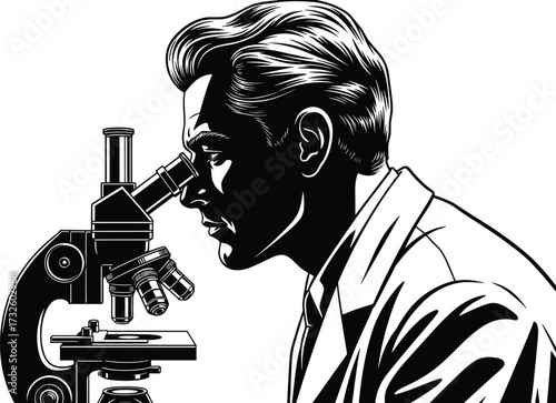 Scientist using microscope in black and white silhouette, symbolizing research, observation, and scientific inquiry in vector illustration style