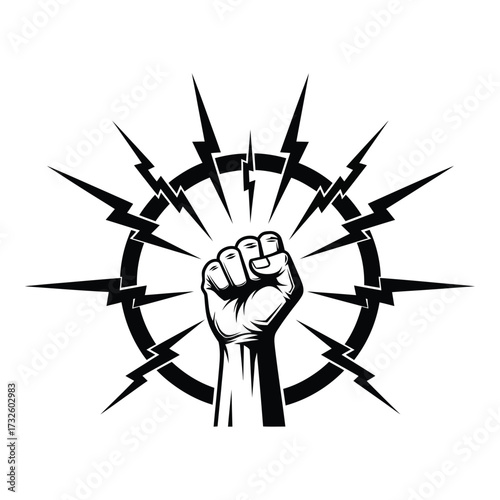 Fist of power unleashed emblem symbolizing strength revolution and electric energy bursting outward radiantly silhouette