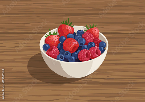 Bowl of fresh berries kitchen counter food bright natural lighting perspective healthy eating concept