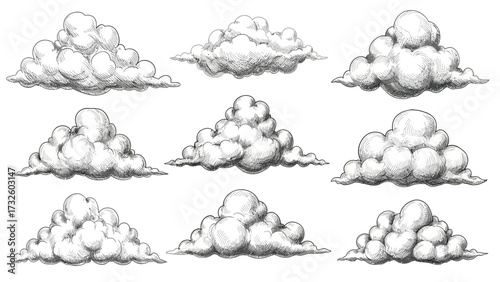 A collection of nine hand-drawn, puffy cumulus clouds in a vintage sketch or engraving style on a white background.