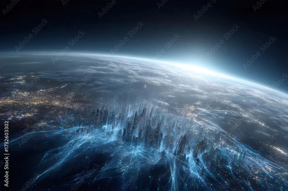 Fototapeta premium 宇宙から見た青い地球と街の明かり