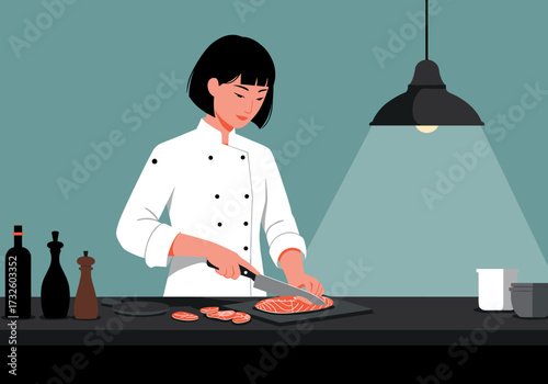 Cooking salmon chef prepares fish in modern kitchen digital minimalist environment viewpoint