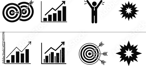 Set of business success icons including targets, growth charts, celebration figures, and starbursts in bold black vector silhouette style