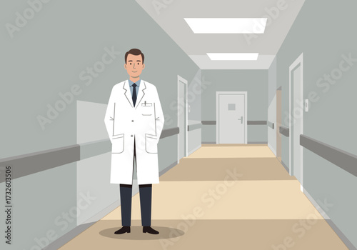 Doctor standing in hospital hallway medical setting clean environment professional viewpoint
