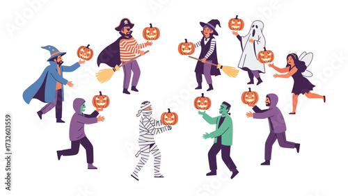 Spooky Festivities: A captivating illustration showcasing a lively Halloween gathering, with diverse costumed characters joyfully celebrating, each holding a carved pumpkin. A vibrant scene of fun.