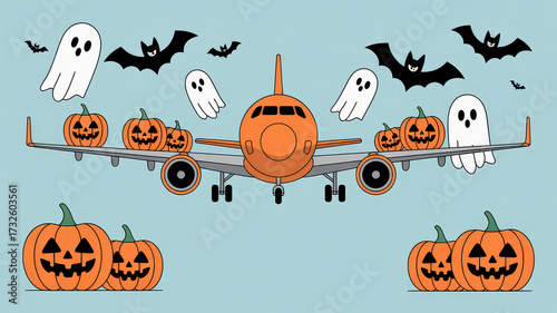 Wallpaper Mural Halloween pumpkin airplane ghost bat orange cartoon illustration spooky celebration create playful Halloween scene with orange airplane surrounded by jack o lanterns ghosts and bats Torontodigital.ca