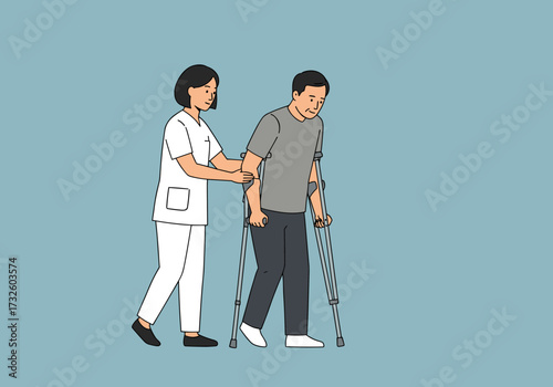 Healthcare professional assisting patient with crutches in rehabilitation clinic setting minimalist style