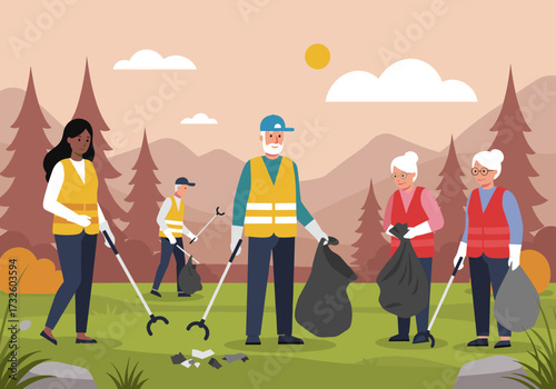 Community cleanup event environmental action in nature volunteers collecting trash scenic viewpoint