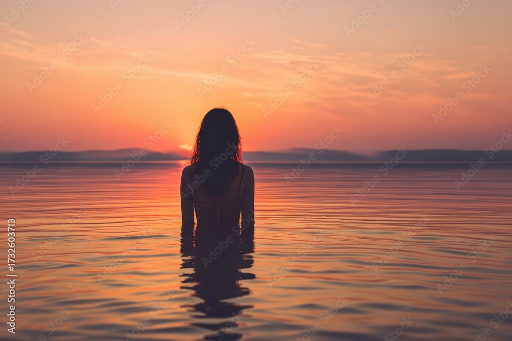 Fototapeta premium A woman standing in a body of water at sunset. This image captures the serene beauty of nature and the peacefulness of the moment. Perfect for use in travel brochures, relaxation-themed websites, and