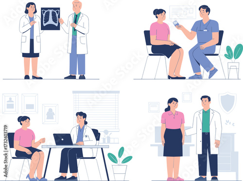 Medical consultation illustration with doctors and patients, healthcare checkup, medical diagnosis, hospital visit, professional doctor advice, patient care service
