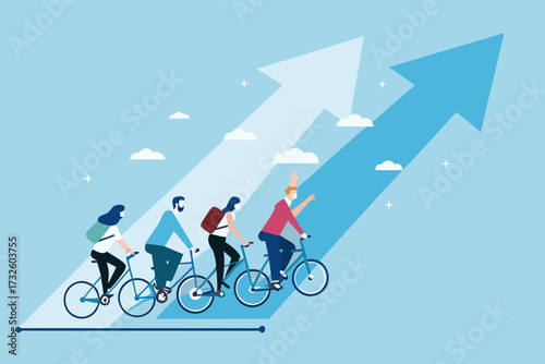 Diverse group of people cycling together on a path towards upward trending arrows representing growth and success