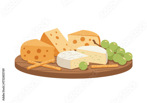 Cheese tasting event with grapes and crackers on wooden board home kitchen food platter appetizing setup