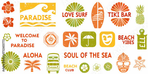 Collection of hawaiian and tropical themed graphic elements and icons with distressed texture
