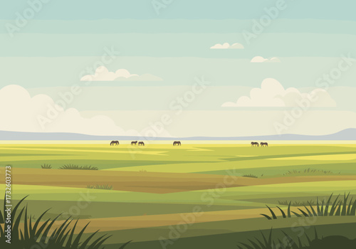 Herd of horses grazing in the open plains nature scene tranquil environment landscape view