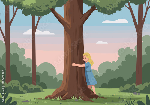 Child embracing a tree in a lush forest nature scene digital peaceful atmosphere childlike wonder