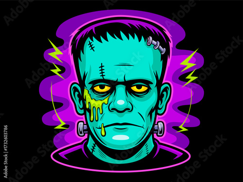 Frankenstein monster cartoon vector illustration with glowing neon colors, scary Halloween character design sticker, t-shirt, poster, banner, greeting card, clipart