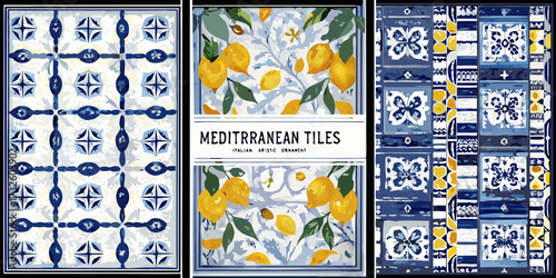 Collection of mediterranean inspired tile patterns featuring floral motifs and citrus fruit designs