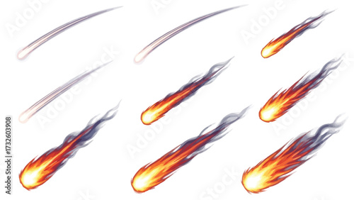 A sequence of illustrations showing the stages of a falling meteor, from a simple streak to a blazing fireball.