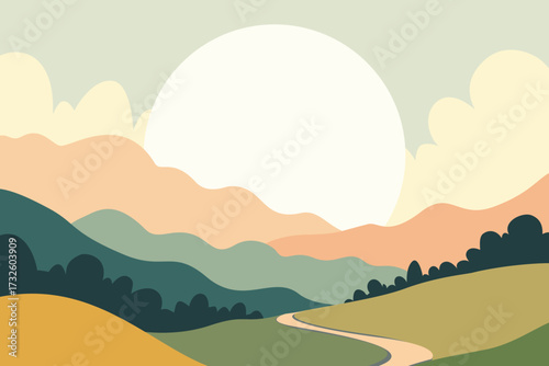 Minimalist landscape illustration with hills, pathway, and sunrise in pastel tones