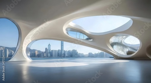 湾の景色の現代建築の白いインテリア