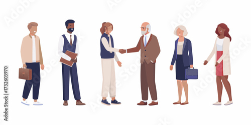 Diverse group of business professionals in casual and formal attire some shaking hands representing collaboration and success