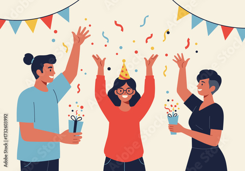 Celebration party with friends home digital cheerful atmosphere eye-level view friendship concept