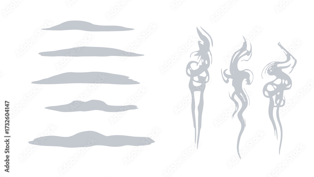 Fototapeta premium Illustrative set of horizontal and vertical wisps of gray smoke, steam, or fog on a white background.