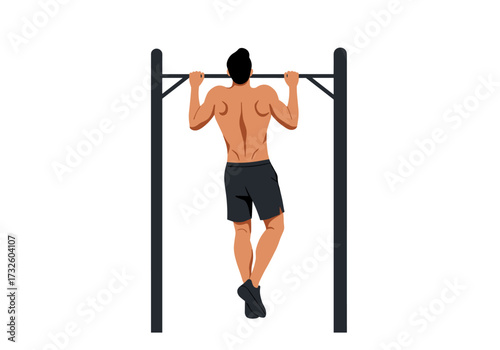 Strength training workout pull-up exercise gym fitness routine indoor side view muscle building
