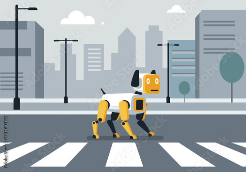 Robot dog crossing street in urban cityscape digital modern environment playful concept