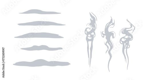 Illustrative set of horizontal and vertical wisps of gray smoke, steam, or fog on a white background.