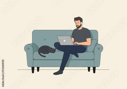 Working from home with cat companion cozy living room digital relaxed atmosphere eye-level perspective