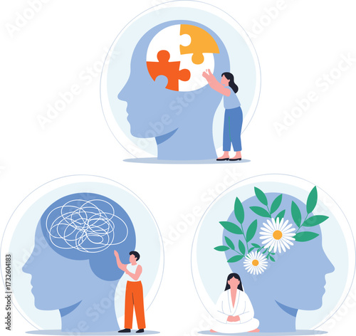 Minimalist mental health illustration showing stress, relaxation meditation, positive thinking, mind healing, emotional balance, brain wellness, self-care, mindfulness practice