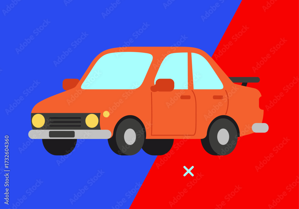 Fototapeta premium Flat Design Orange Car Illustration on Split Blue and Red Background