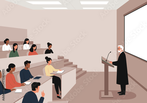 Lecture on innovative business strategies university classroom educational content modern environment engaging viewpoint knowledge sharing