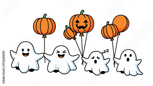 Halloween Spirit: A collection of playful cartoon ghosts joyfully holding jack-o'-lantern balloons. Celebrating the whimsy and spirit of Halloween.