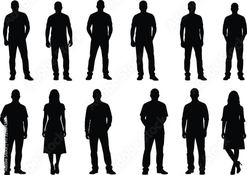 Set of twelve standing human silhouettes in varied postures and attire, representing gender diversity and body language in vector style
