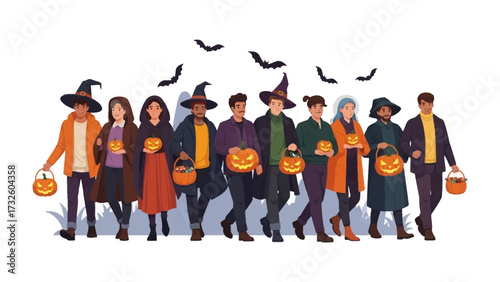 Halloween Parade: A cheerful group of diverse individuals dressed in festive costumes walk together, each carrying a glowing Jack-o'-lantern, the spirit of the holiday comes alive.