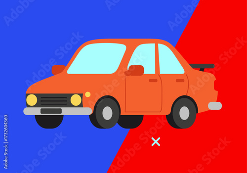 Flat Design Orange Car Illustration on Split Blue and Red Background