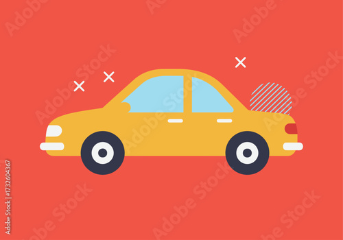 Bright Yellow Car Flat Design Illustration on Vivid Red Background