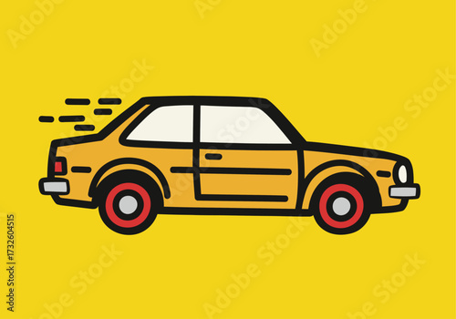 Vibrant Yellow Car Icon with Speed Lines on Solid Background