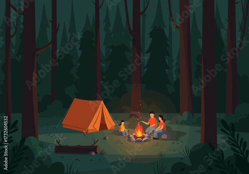 Family camping adventure forest digital nighttime cozy atmosphere