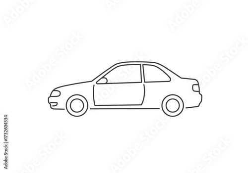 Simple line art drawing of a two-door car icon on a clean white background, side profile of a minimalist coupe vehicle outline